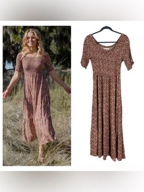 Natural Life Tiered Ditsy Floral Maxi Dress XL Bohemian Peasant Smocked Cottage